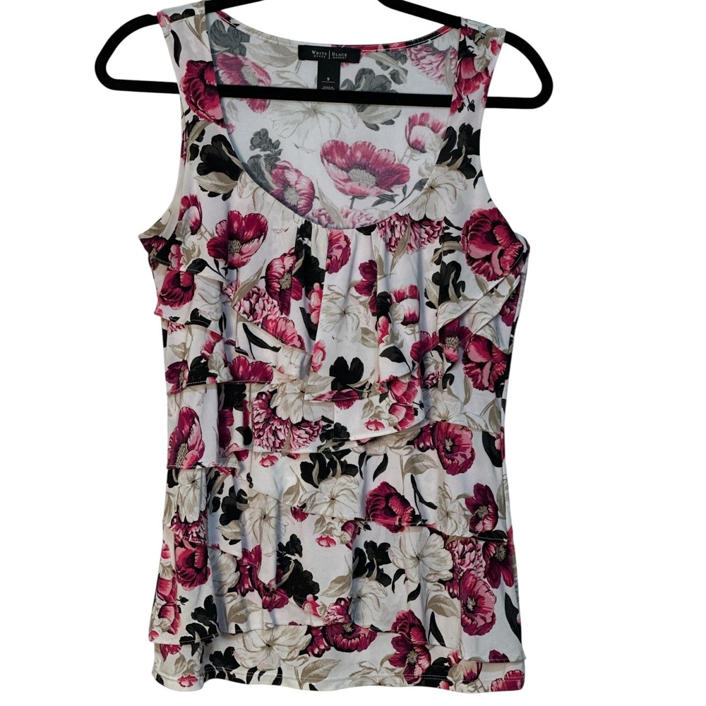 White House Black Market Floral Blouse Ruffle Sleeveless Top Pink Black White  S